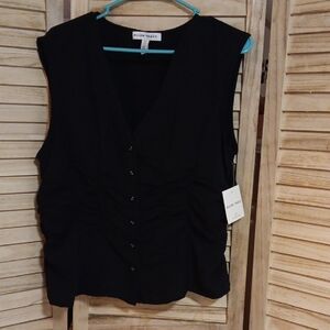 Ellen Tracy black top vest L  button front V-Neck top with ruched waist